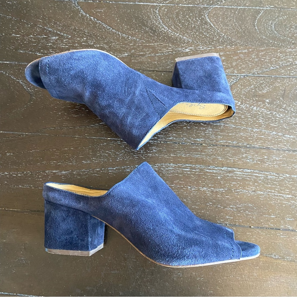 Splendid‎ Navy Blue Suede Leather Peep Toe Mules Sandals Heels Size 10